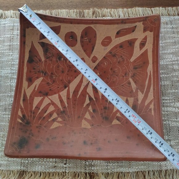 Terracotta Large Bowl Etched Carved Clay Angelfish VTG Decorative Plate 11" - Picture 9 of 12